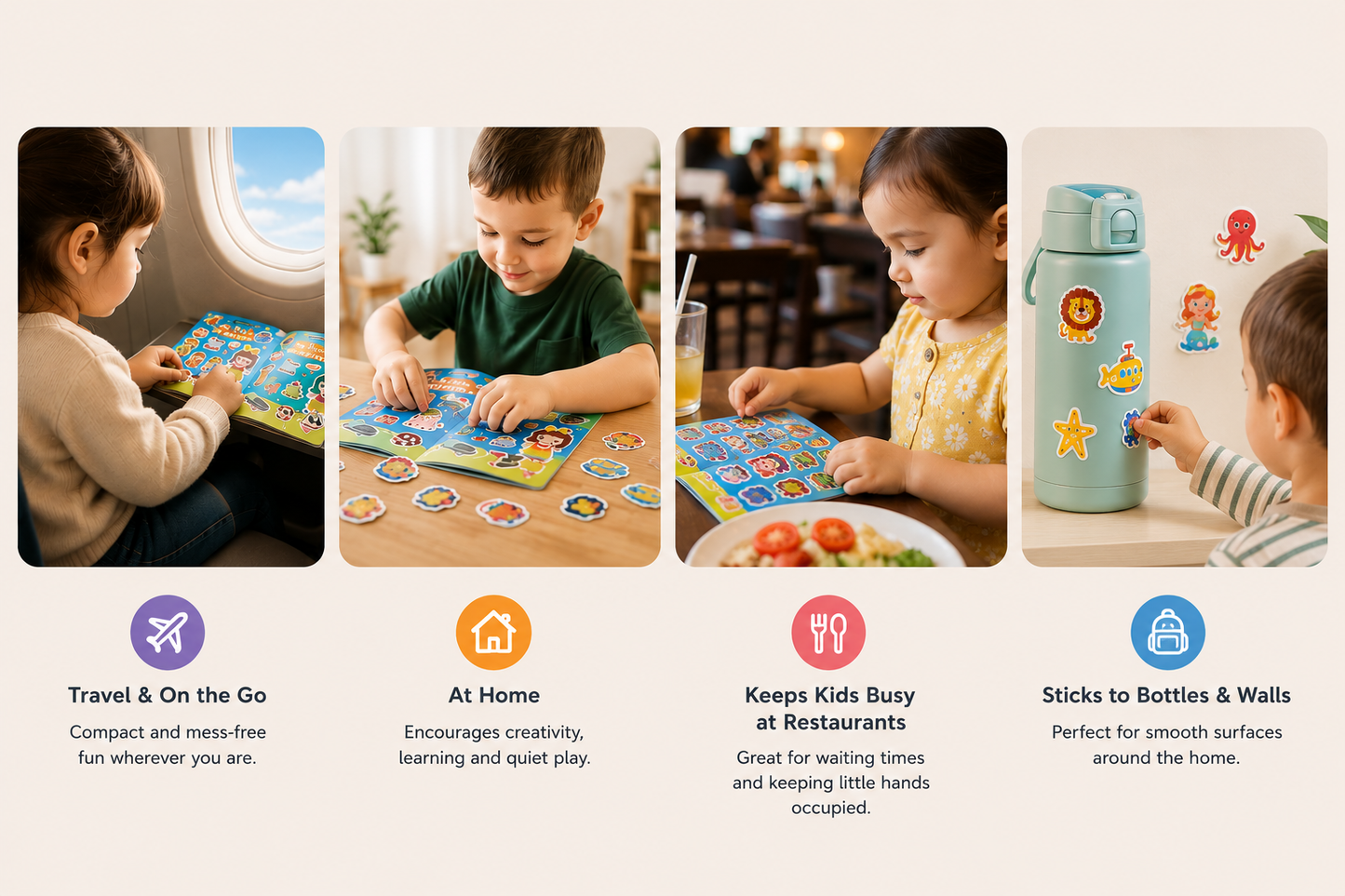 4-in-1 Reusable Sticker Book Set - Sea & Space, Animal, Vehicles, and My Room & Kitchen