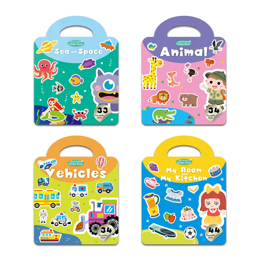 4-in-1 Reusable Sticker Book Set - Sea & Space, Animal, Vehicles, and My Room & Kitchen