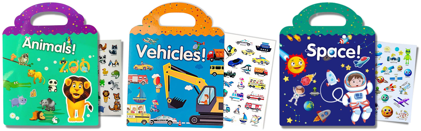 4-in-1 Reusable Sticker Book Set — Space, Vehicles, Dinosaurs & Animals