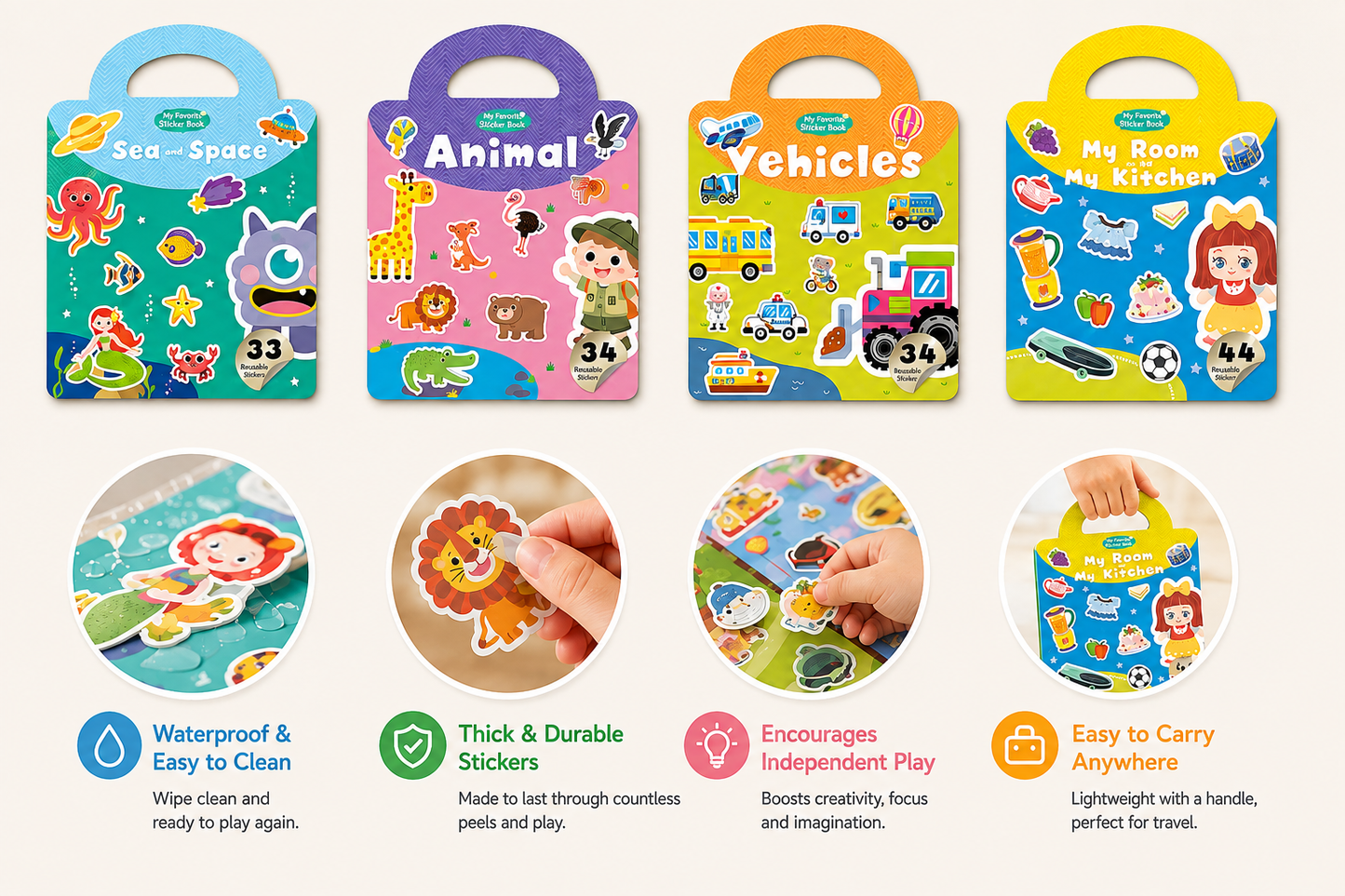 4-in-1 Reusable Sticker Book Set - Sea & Space, Animal, Vehicles, and My Room & Kitchen