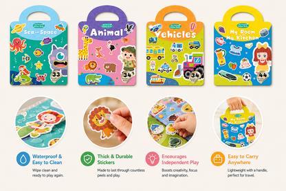 4-in-1 Reusable Sticker Book Set - Sea & Space, Animal, Vehicles, and My Room & Kitchen