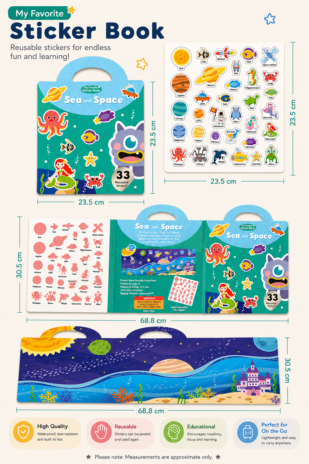 4-in-1 Reusable Sticker Book Set - Sea & Space, Animal, Vehicles, and My Room & Kitchen