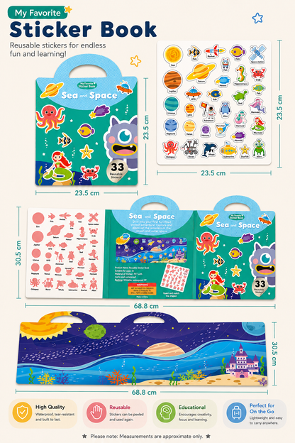 4-in-1 Reusable Sticker Book Set - Sea & Space, Animal, Vehicles, and My Room & Kitchen