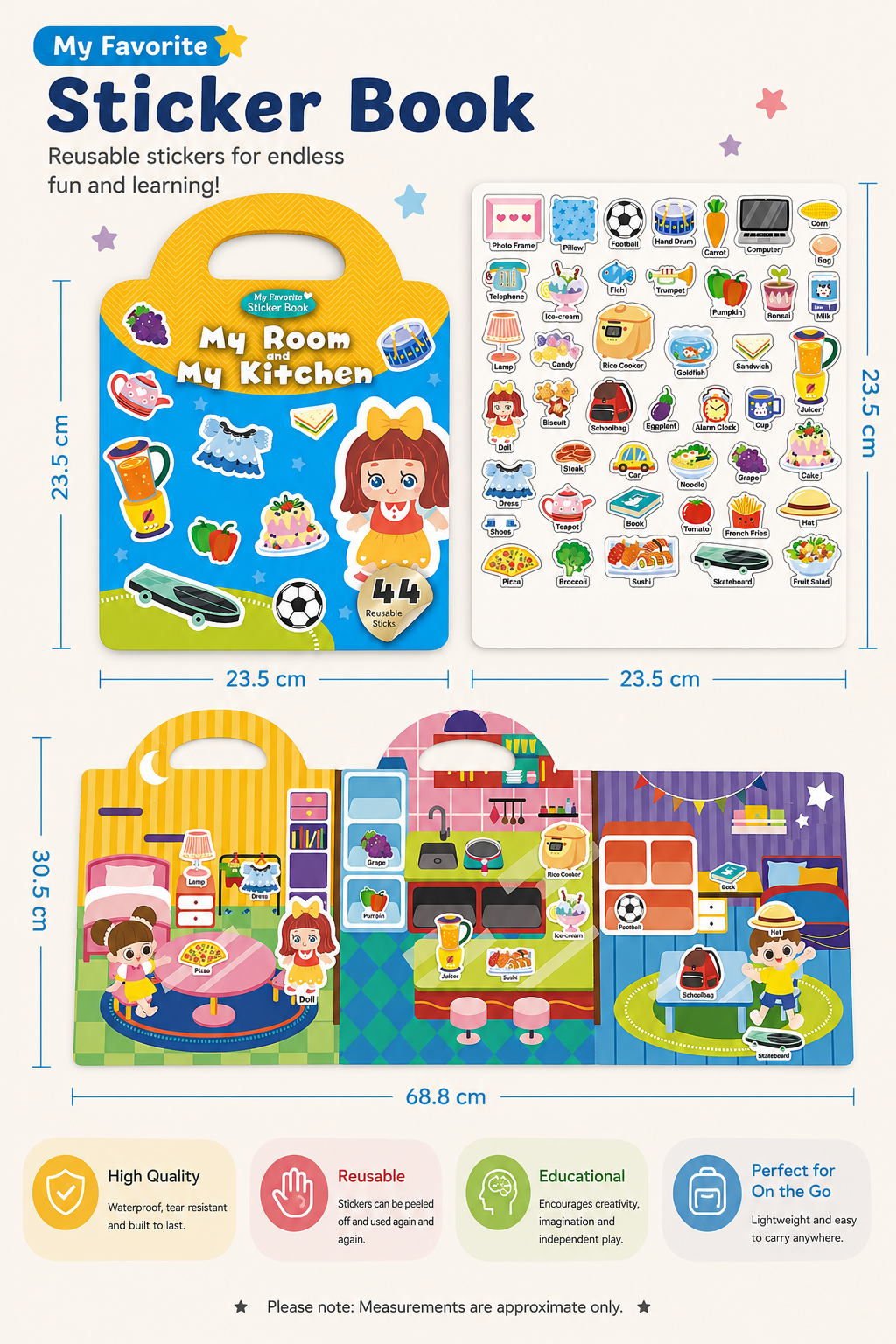 4-in-1 Reusable Sticker Book Set - Sea & Space, Animal, Vehicles, and My Room & Kitchen