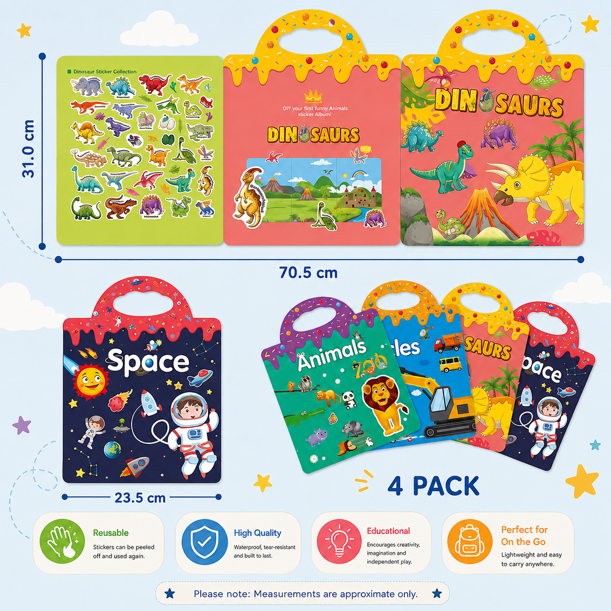 4-in-1 Reusable Sticker Book Set — Space, Vehicles, Dinosaurs & Animals
