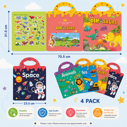 4-in-1 Reusable Sticker Book Set — Space, Vehicles, Dinosaurs & Animals