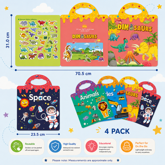 4-in-1 Reusable Sticker Book Set — Space, Vehicles, Dinosaurs & Animals